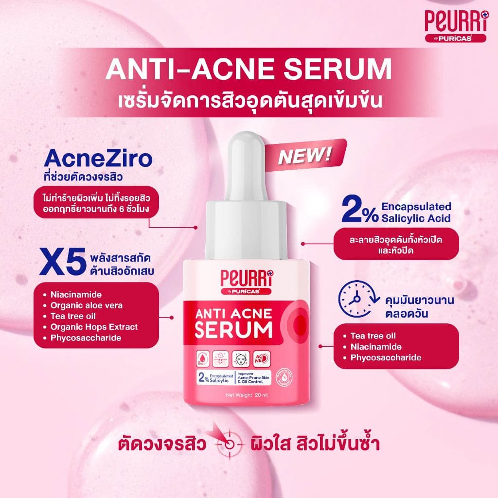 PEURRi By Puricas Anti Acne Serum 20ml. เซรั่มช่วยลดเลือนสิวอุดตัน คุมมัน ลดการเกิดสิวซ้ำ รูปที่ 3
