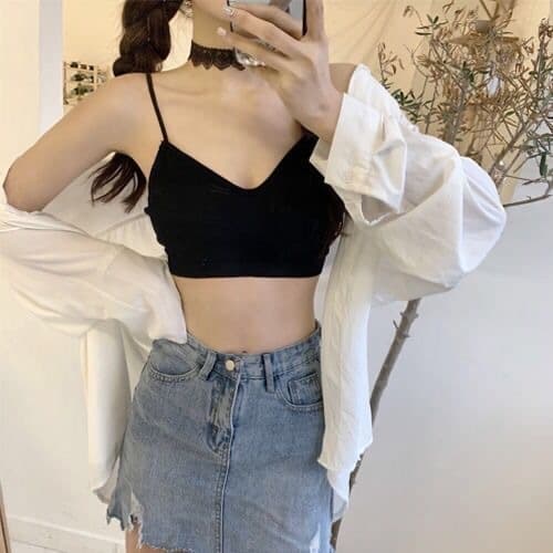 สปอร์ตบรา สายเดี่ยวผ้าร่องเสื้อครอป แบบสวม มี7สี มีฟองน้ำ บราสายเดี่ยว บราผ้านิ่ม บราไร้ขอบ#05 รูปที่ 1