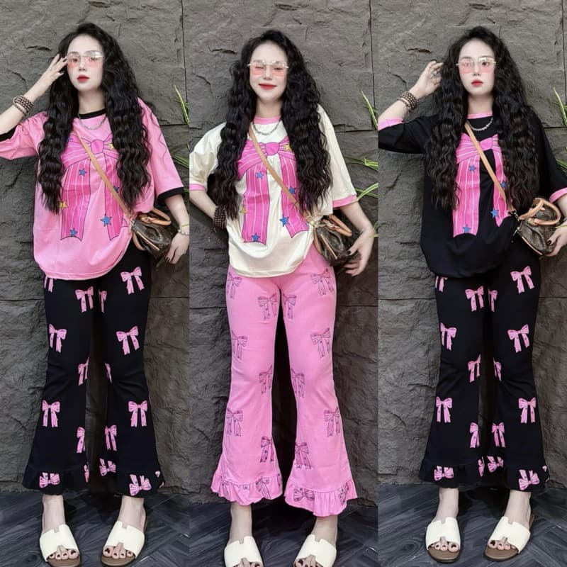 set 2 ชิ้น ผู้หญิง ลายโบว์ใหญ่ เเขนสั้น กางเกงขายาว รูปที่ 1