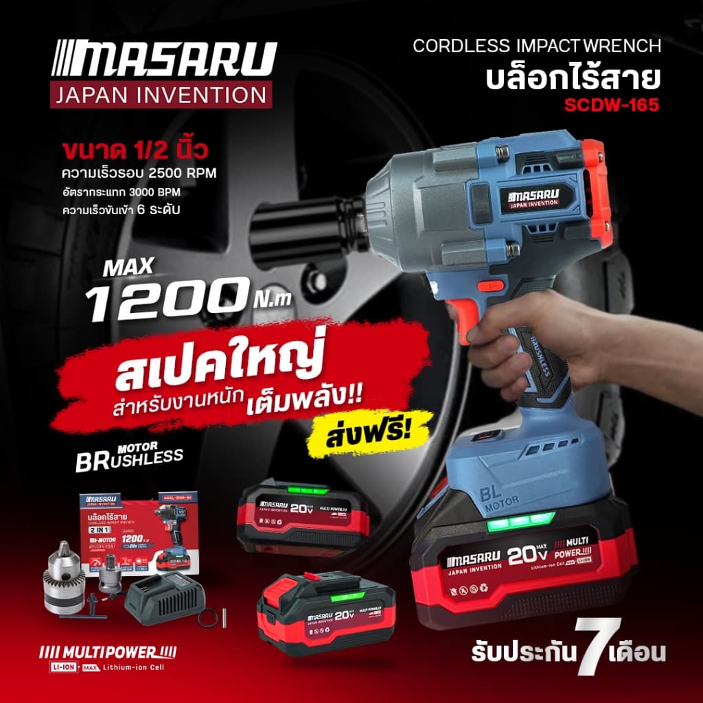 MASARU บล็อกไฟฟ้าไร้สาย ไร้แปรงถ่าน SCDW-165 บล็อกไฟฟ้า 1200nm บล็อกแบต ประกัน 1 ปี รูปที่ 4