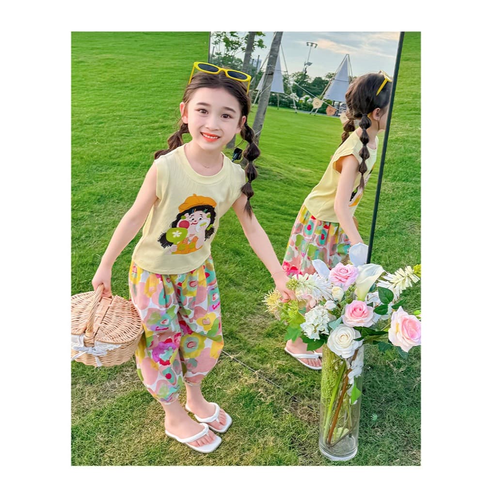 baby ชุดเช็ท เสื้อเเขนกุด+กางเกงลายดอกไม้ สีพาลเทลสุดน่ารัก สำหรับเด็กผู้หญิง เนื้้อผ้าใส่สบาย รูปที่ 5