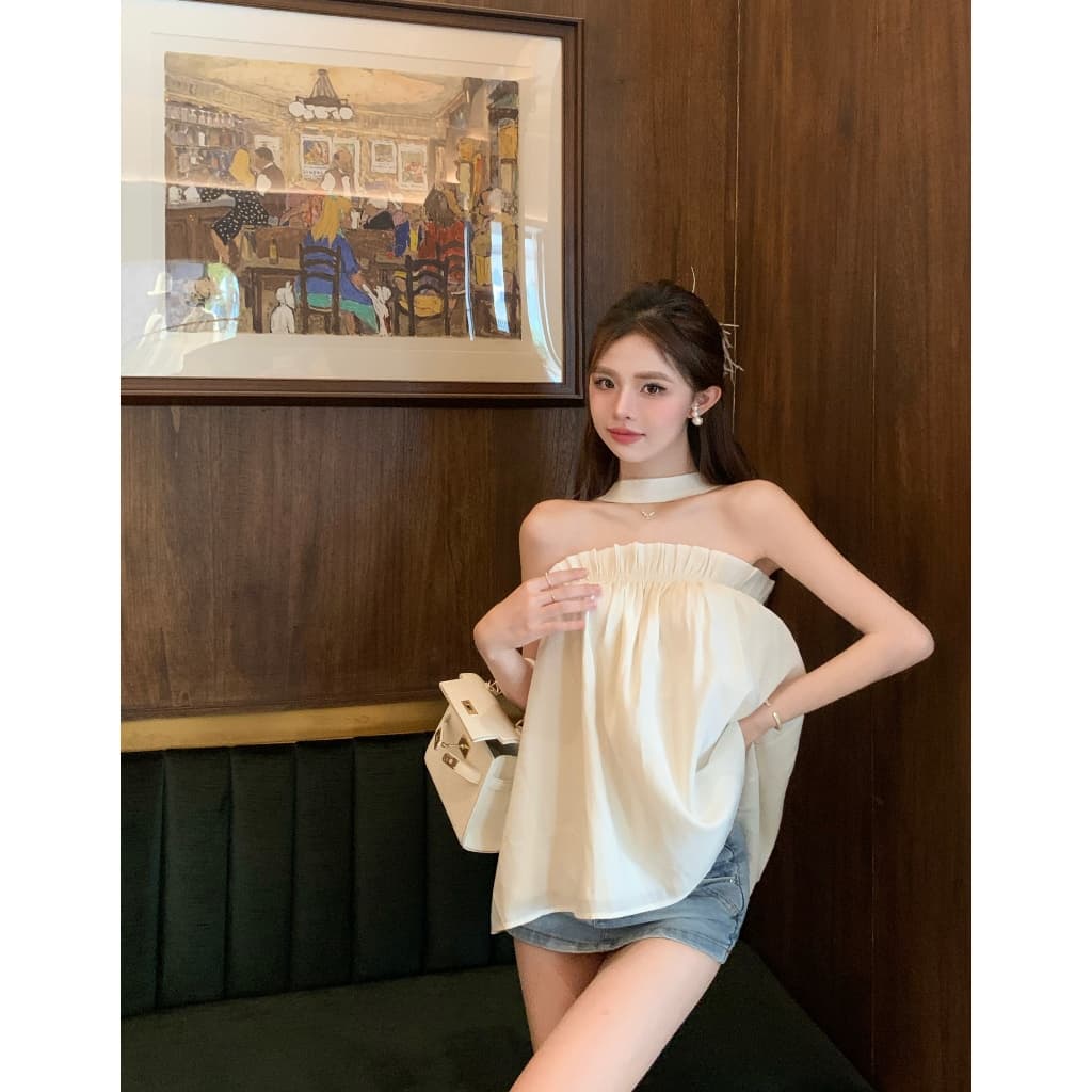 เสื้อครอป เกาะอก สีดำ มีสายคล้องคอแบบติดกระดุมจากด้านหลัง อกสม็อค ผ้าเปลือกไม้ ยับยาก เสื้อเบลาซ์ #8929 รูปที่ 6