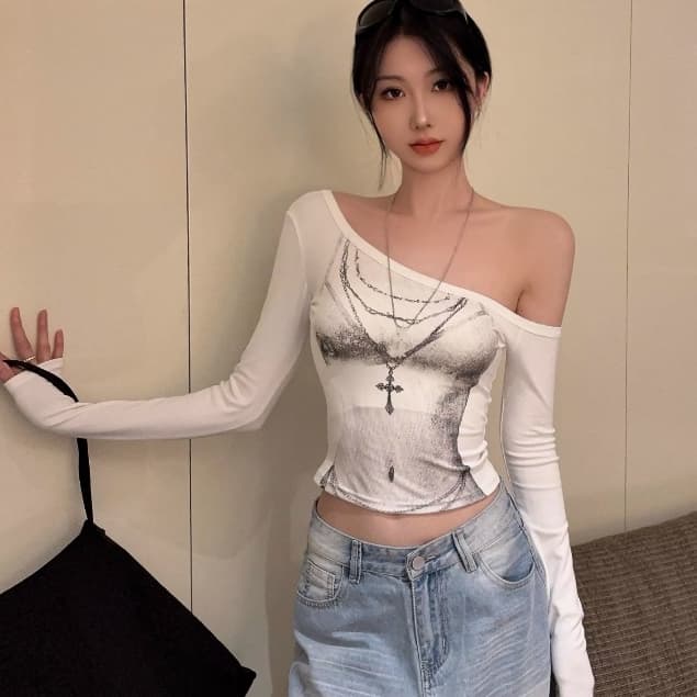 Rita เปิดไหล่ เสื้อยืดผู้หญิง แขนยาว สไตล์คาวาอี้ สไตล์เกาหลี น่ารักๆ สุดเซ็กซี่จับแมทซ์ได้ง่าย ผ้านิ รูปที่ 3