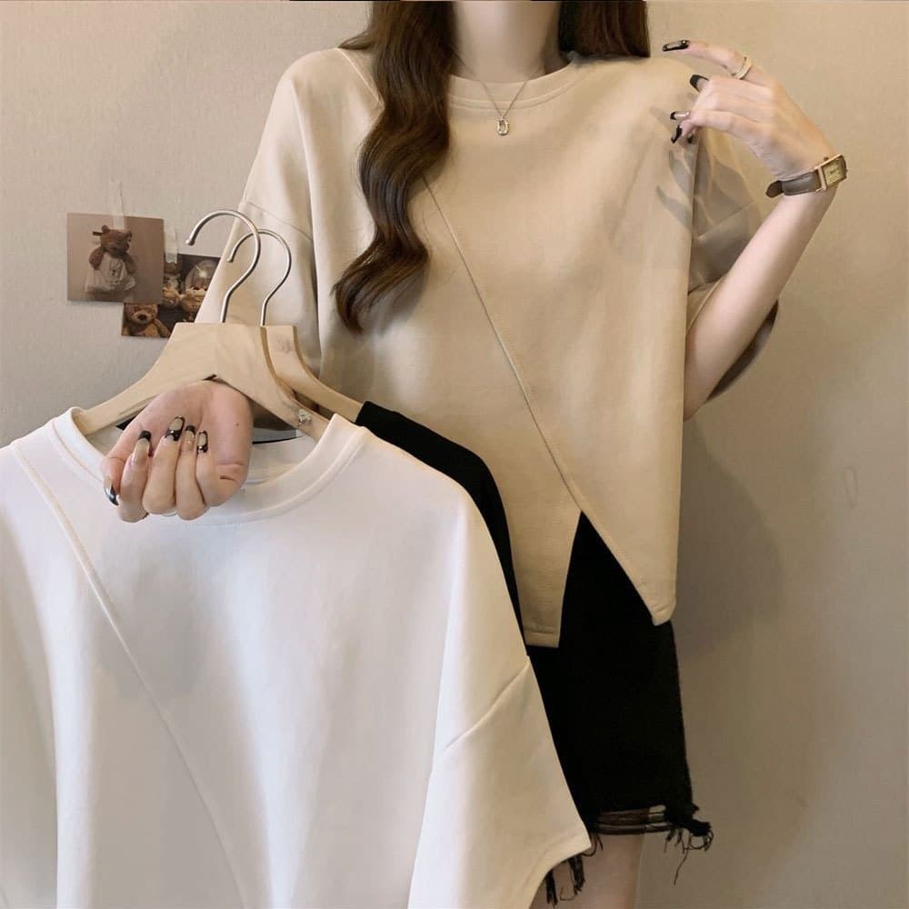 เสื้อครอปน่ารักสไตล์มินิมอลสไตล์เกาหลี สีพื้น oversize เสื้อผ้าสาวอวบไซส์ใหญ่ เสื้อยืดสวยๆผู้หญิงฤดูร้อนแฟชั่นมาใหม่ 3XL รูปที่ 9