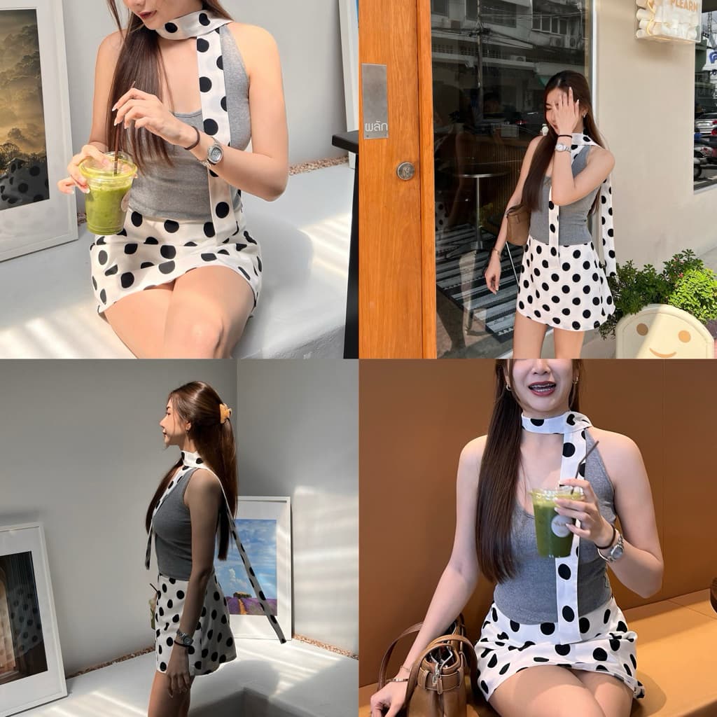 BRB : Polka dots skirt กระโปรงสั้น XS-2XL ลายจุด เอวสูง ซับใน2ชั้น แถมเชือกผูกผม 1 เส้น รูปที่ 6