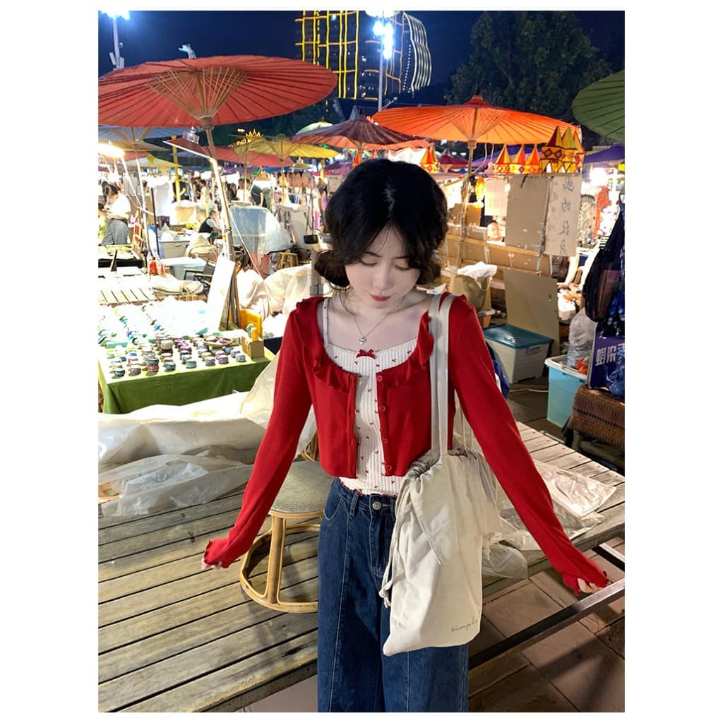 Cicishop Set 2 ชิ้น สายเดี่ยว+เสื้อคลุมลายน้องเชอร์รี่ สดใส ซุกซน ขี้เล่น สไตล์เกาหลี รูปที่ 4