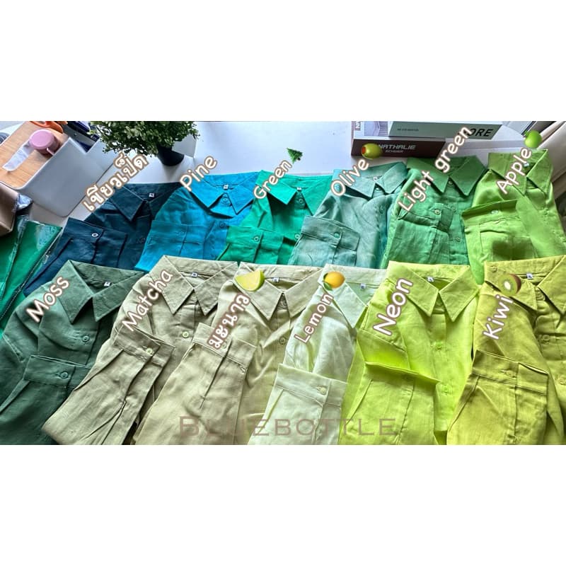 เสื้อเชิ้ตลินินแท้ 100% งานเกรดพรีเมี่ยม โทนสีเขียวเหลือง รูปที่ 4