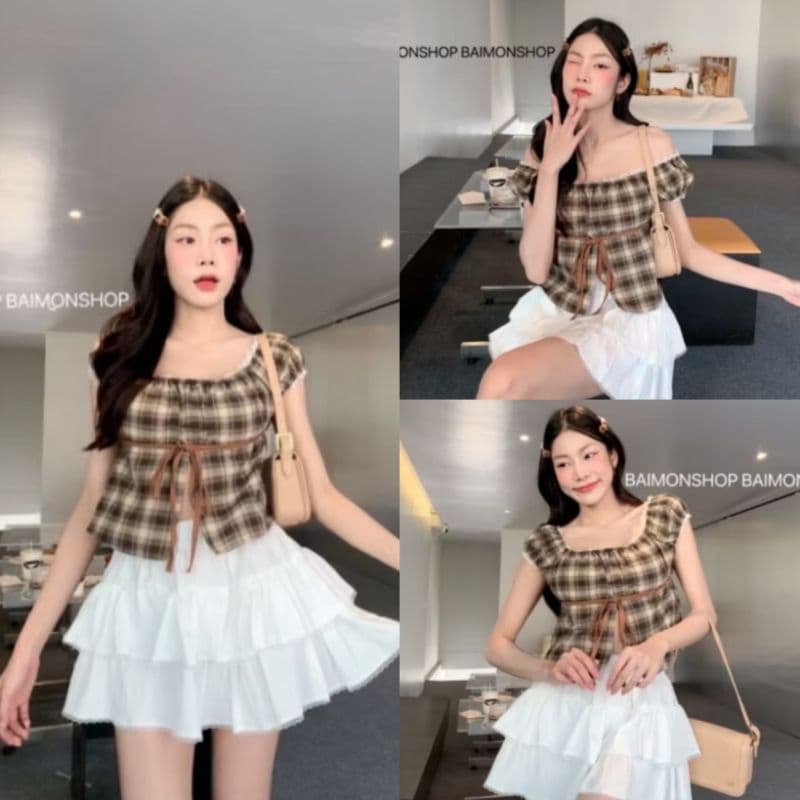 MahahengCloset เสื้อแขนตุ๊กตา ลายสก็อต ผ่าหน้า หลังสม็อค ดีเทลแต่งลูกไม้ ใส่แล้วน่ารักมาก รูปที่ 1