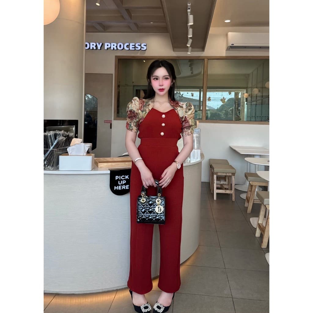 สินค้าพร้อส่ง ชุดเซตผ้าวูลเวฟ เสื้อคอระหงส์แขนแต่งผ้าทอแต่งย่นแต่งกระดุมมุก+กางเกง รูปที่ 5