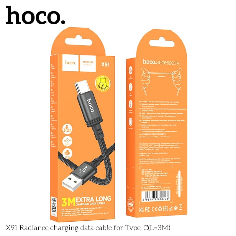 Hoco X91 สายชาร์จ 3 เมตร Type-C 3.0A charging cable for Type-C 3M รูปที่ 8