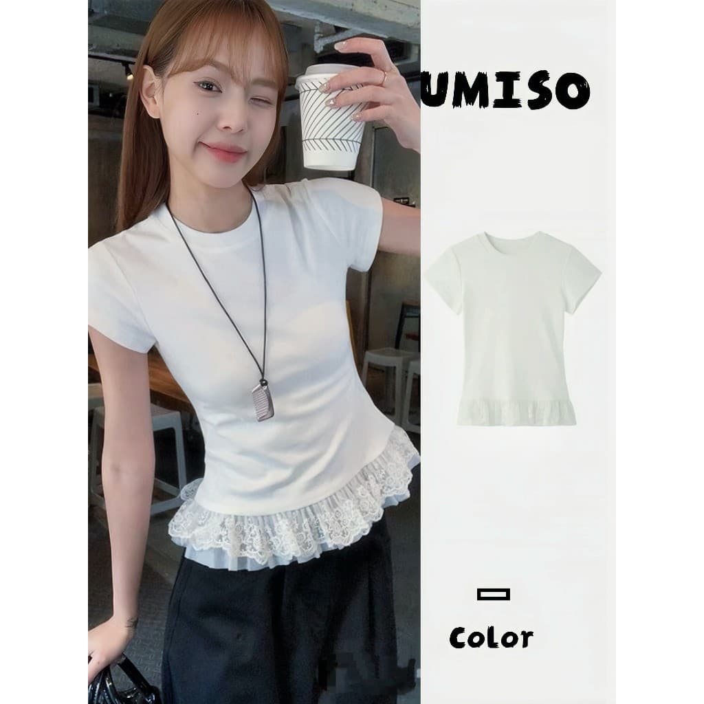 UMISO 100%cotton เสื้อยืดแขนสั้น เสื้อลูกไม้ คอกลมลายลูกไม้สีขาวสำหรับผู้หญิง รูปที่ 1