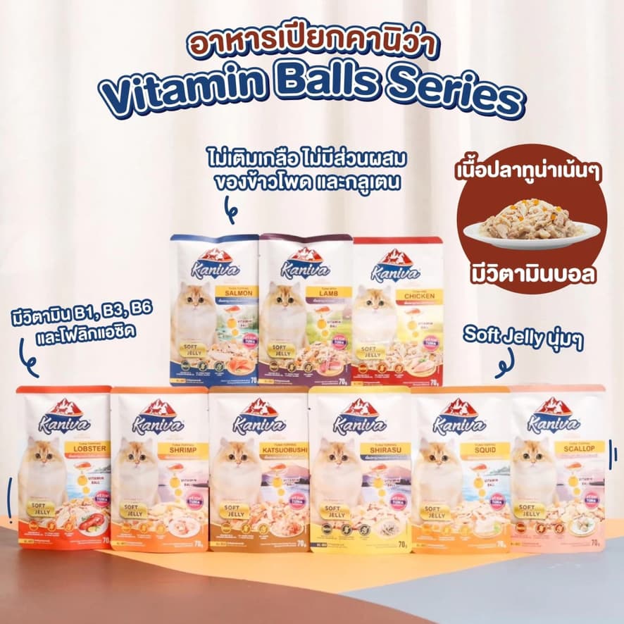 {ยกโหล12ซอง} Kaniva คานิว่า อาหารเปียก เนื้อทูน่า สูตรบำรุงสุขภาพมี Vitamins Ball 70g x12 ซอง รูปที่ 2