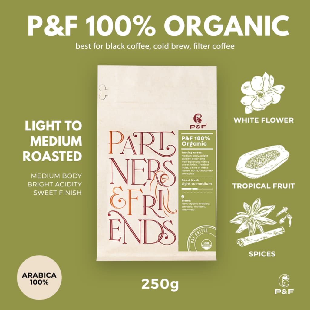 P&F 100% Organic ขนาด 250g เมล็ดกาแฟคั่ว arabica 100% | P&F Coffee พีแอนด์เอฟ คอฟฟี่ รูปที่ 1