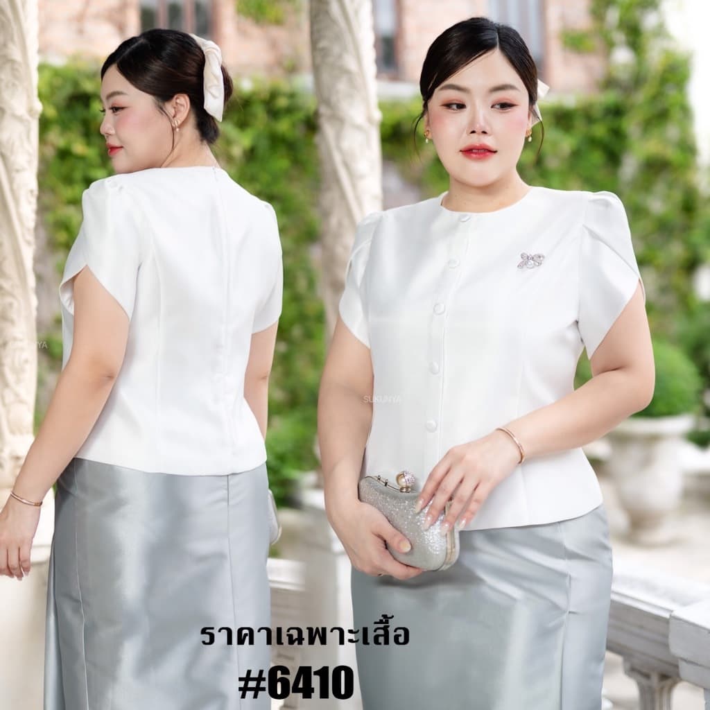 Sukunya 6410 : งานเสื้อผ้าไหมจิตรลดา คอกลม แขนสั้นจับจีบ ทรงแขนทิวลิป รูปที่ 2