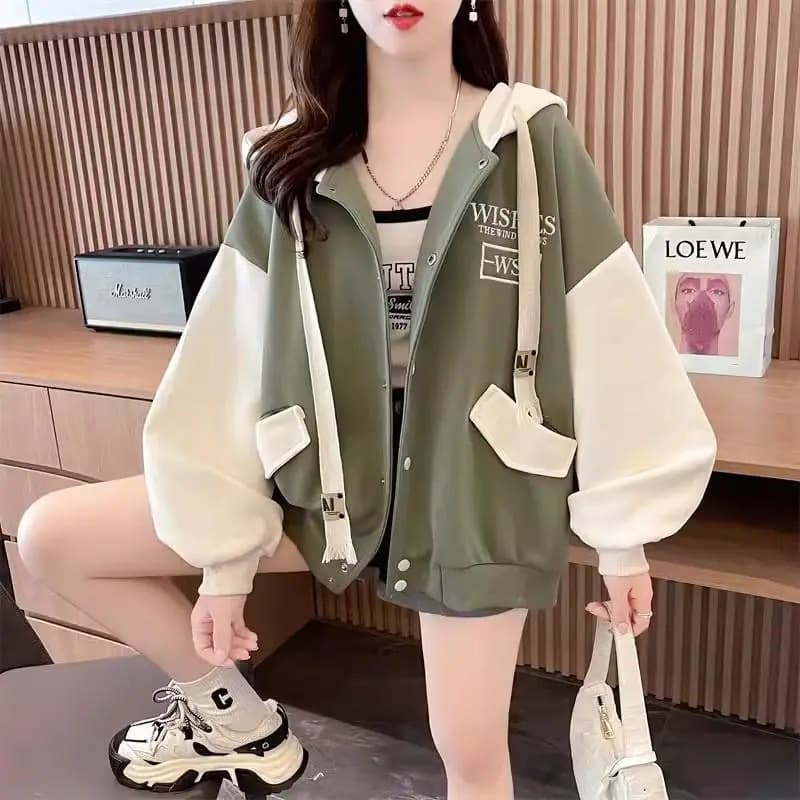 เสื้อแจ็คเก็ตเบสบอล เสื้อฮู้ดผู้หญิง ผ้าสำลี ผ้าหนานิ่ม รุ่น6020# รูปที่ 4