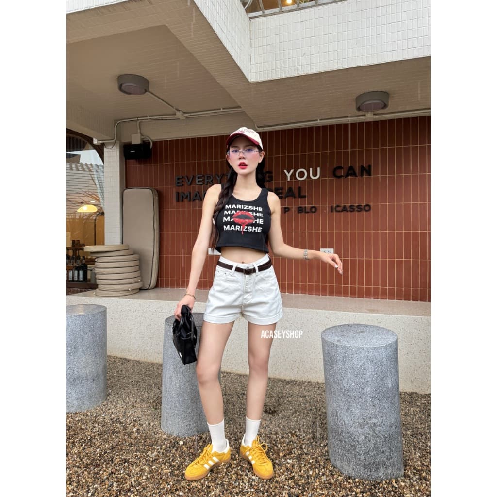 Acasey กางเกงยีนส์ผู้หญิง ขาสั้น ผ้ายีนส์ไม่ยืด ป้าย vintage ใส่สบาย ไซส์ S - XL รุ่น vintage Short รูปที่ 4