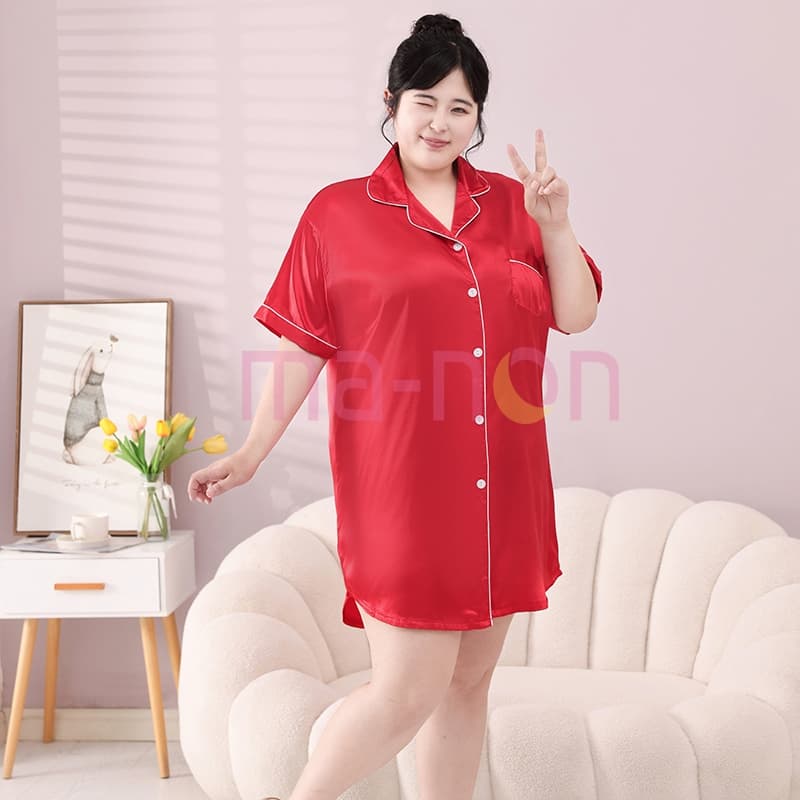 Plus size อก 60 52 ชุดนอนขนาดใหญ่พิเศษ ชุดนอน ชุดนอนกระโปรง ซาตินเดรส เนื้อนุ่มคุณภาพสูง สไตล์สีทึบ กระโปรงแขนสั้นสีพื้น รูปที่ 6