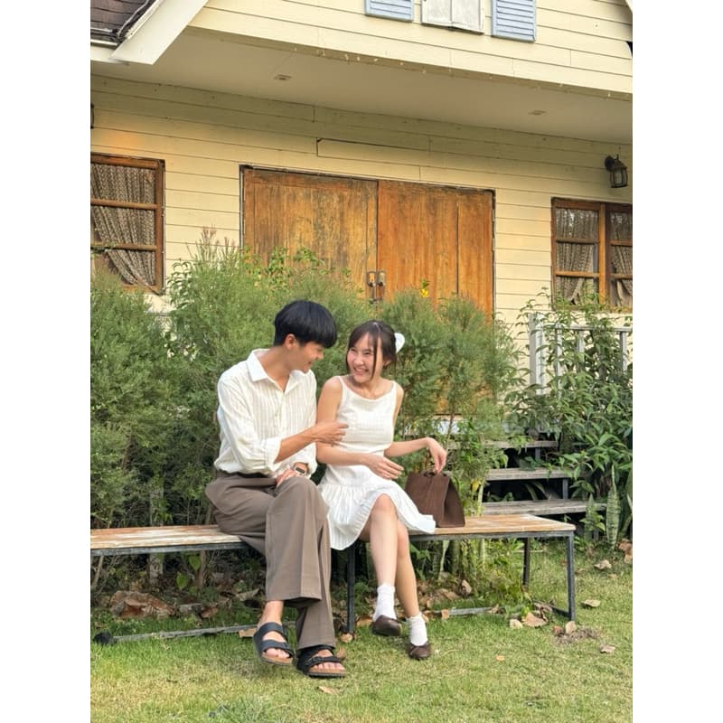 2pcs - Couple Dobby Mini Dress เสื้อคู่มินิเดรส (มินิเดรส + เสื้อเชิ้ตผู้ชายแขนยาว ผ้าคอตตอนทอลาย) รูปที่ 2