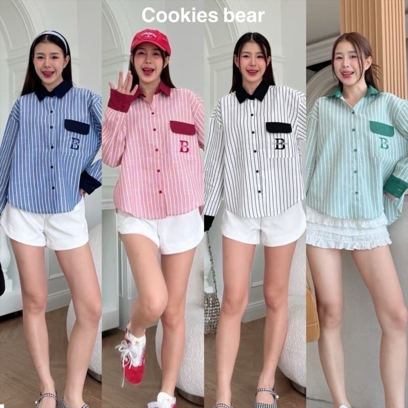 M03 - Cookies Bear เสื้อเชิ้ตโอเวอร์ไซส์แขนยาว B ตัดขอบสีปกแขนกระเป๋าโค้ง รูปที่ 1