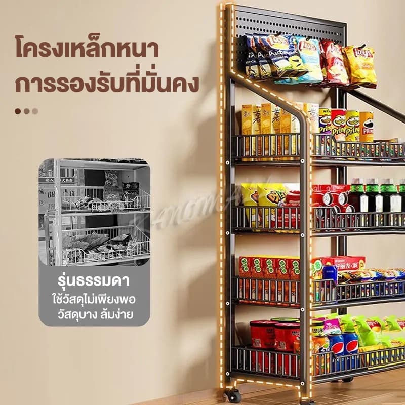 ชั้นวางของ ชั้นวางสินค้า ชั้นวางขนม 5ชั้น ชั้นวางของมีล้อเลื่อน มีสีขาว/ดำ อุปกรณ์เสริมต่างๆ ได้แก่ ตะขอและล้อ รูปที่ 7