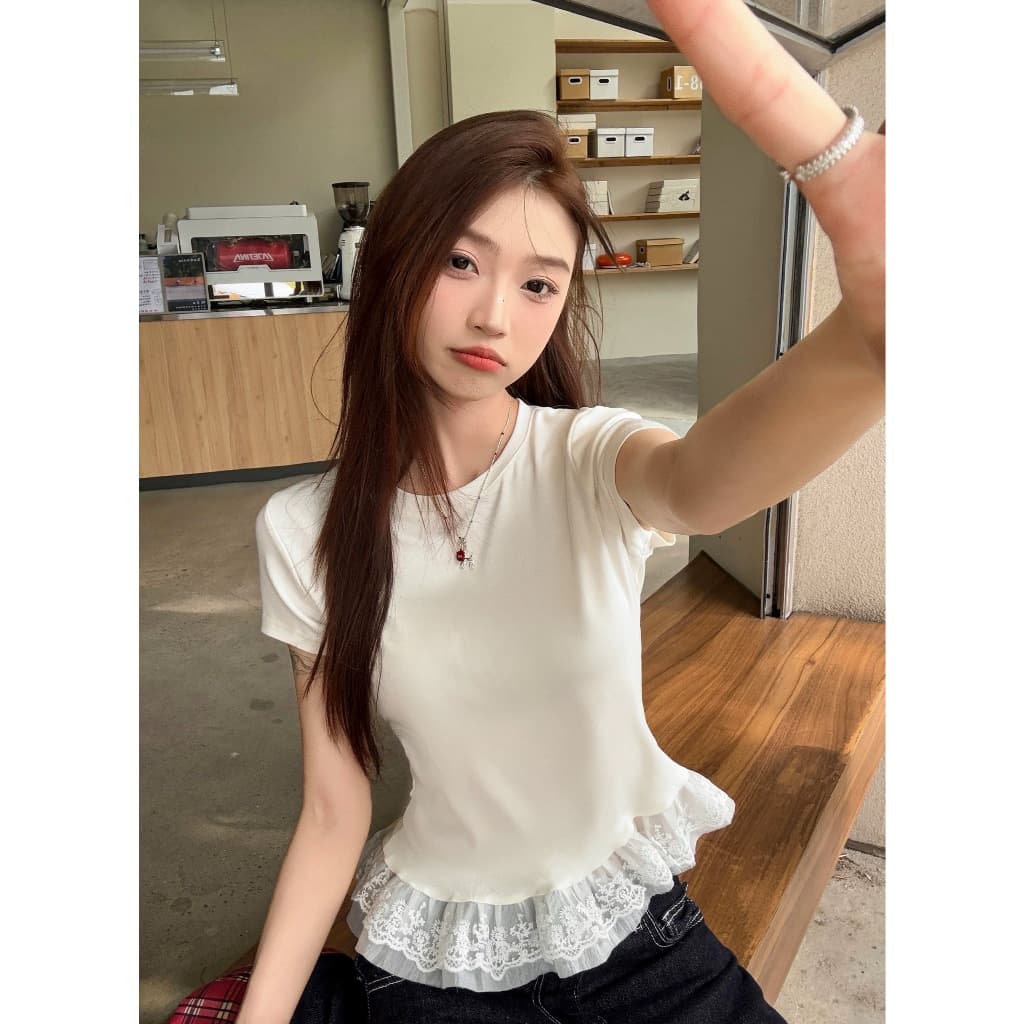 UMISO 100%cotton เสื้อยืดแขนสั้น เสื้อลูกไม้ คอกลมลายลูกไม้สีขาวสำหรับผู้หญิง รูปที่ 2