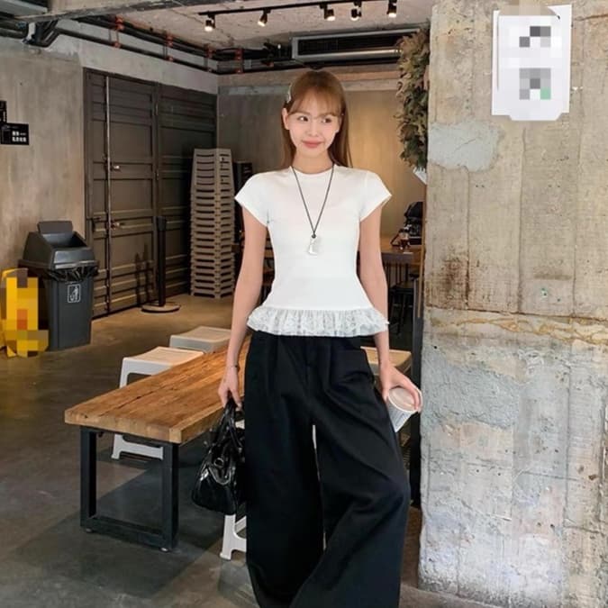 UMISO 100%cotton เสื้อยืดแขนสั้น เสื้อลูกไม้ คอกลมลายลูกไม้สีขาวสำหรับผู้หญิง รูปที่ 4