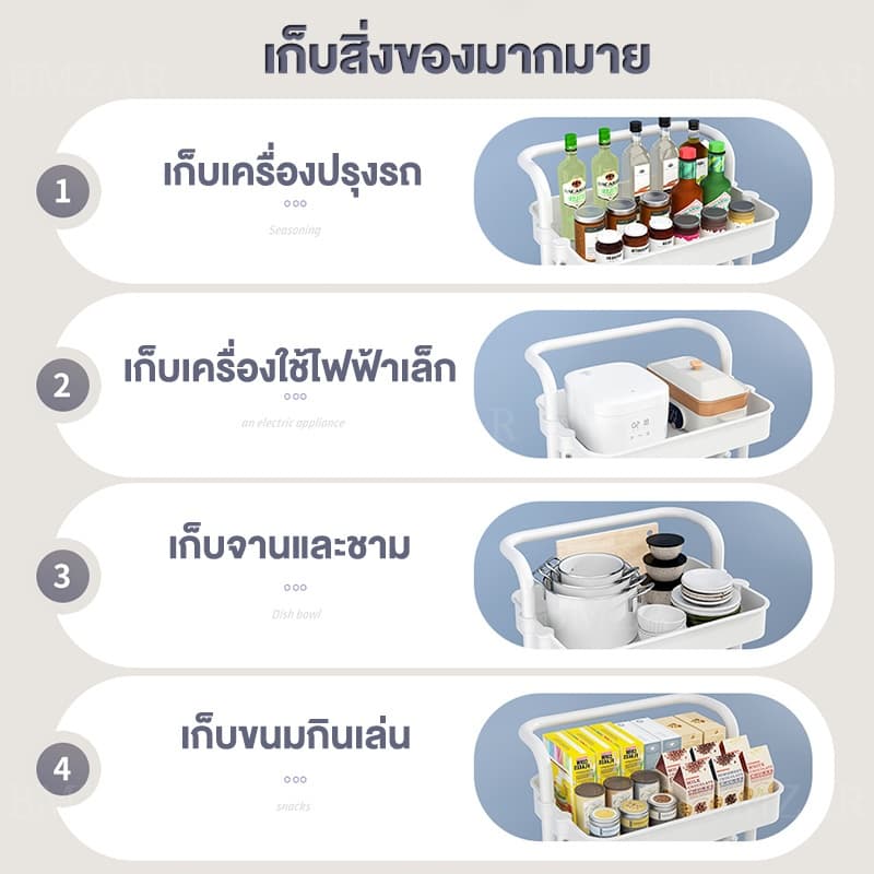 BMZAR ชั้นวางของมีล้อ 3/4ชั้น พร้อมล้อเลื่อน+ที่จับ ชั้นวางรถเข็น ชั้นวางของ ใช้ในสถานการณ์ต่างๆ เคลื่อนย้ายสะดวก รูปที่ 8