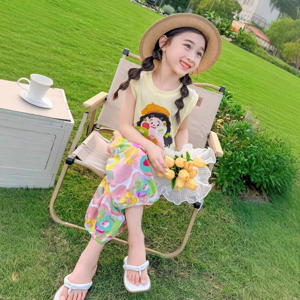 baby ชุดเช็ท เสื้อเเขนกุด+กางเกงลายดอกไม้ สีพาลเทลสุดน่ารัก สำหรับเด็กผู้หญิง เนื้้อผ้าใส่สบาย รูปที่ 3