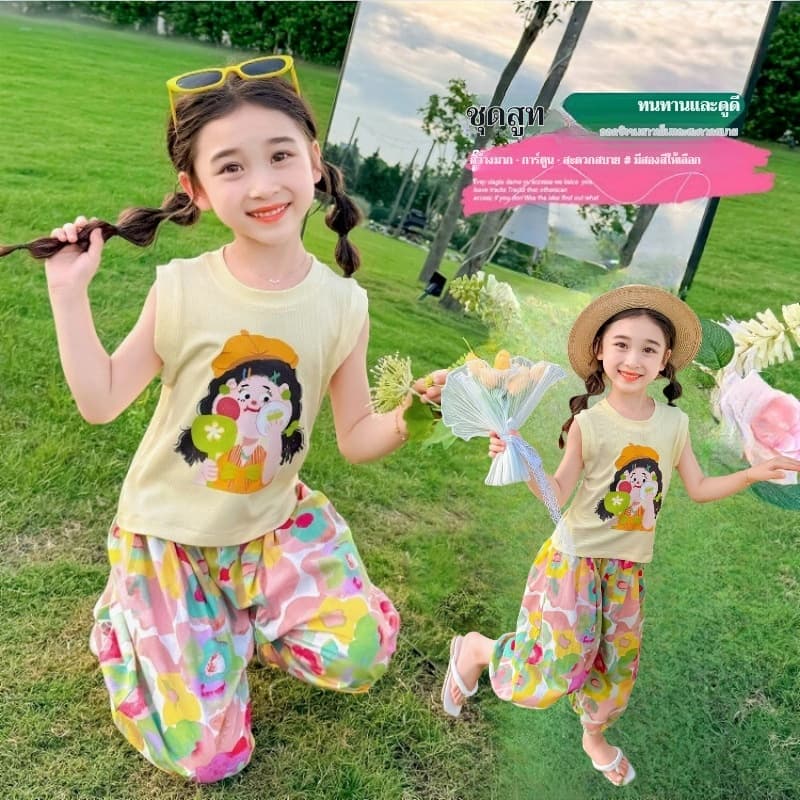 baby ชุดเช็ท เสื้อเเขนกุด+กางเกงลายดอกไม้ สีพาลเทลสุดน่ารัก สำหรับเด็กผู้หญิง เนื้้อผ้าใส่สบาย รูปที่ 6