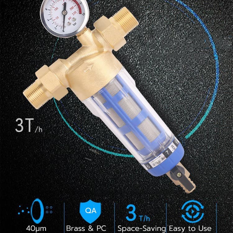 กรองน้ำ Pre-Filter Water กระบอกหนา หัวทองเหลือง เกลียวทองเหลือง1/2" 1"ขนาดเกลียว6หุน 1นิ้ว ไส้กรองสแตนเลส ล้างในตัว รูปที่ 3