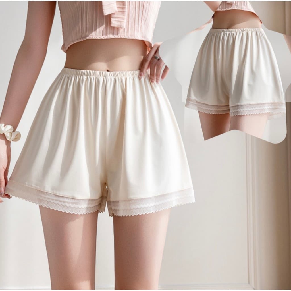 C10 กางเกงขาสั้น M-4XL ขอบขาลูกไม้ ซับใน ใส่นอน ผ้านิ่มสีพื้นใส่สบาย เอวยืดหยุนดี กางเกงไซส์ใหญ่ กางเกงคนอวบ รูปที่ 4