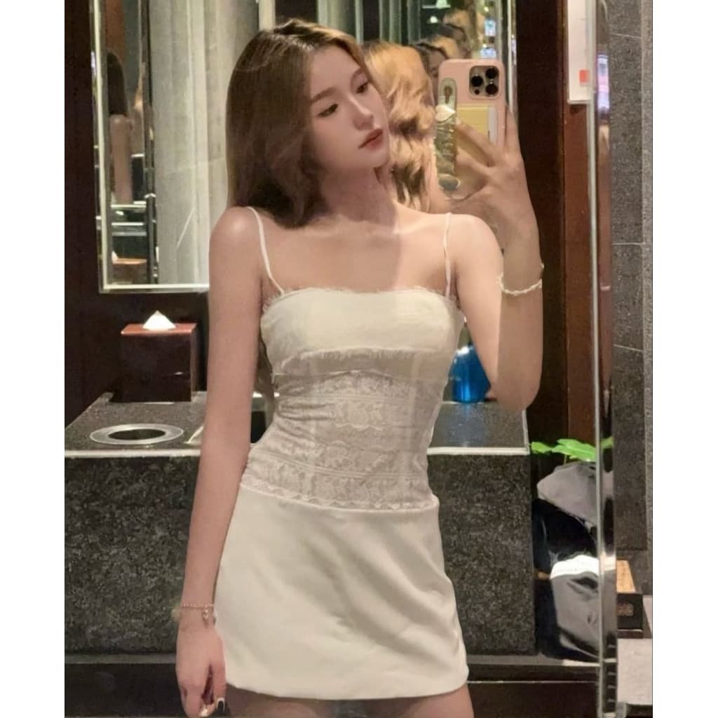 Zinnia Dress - รวมทุกสี ขาว ดำ ชมพู เดรสสายเดี่ยวเข้ารูปกับยางมัดผมดอกไม้ค่ะZN รูปที่ 9
