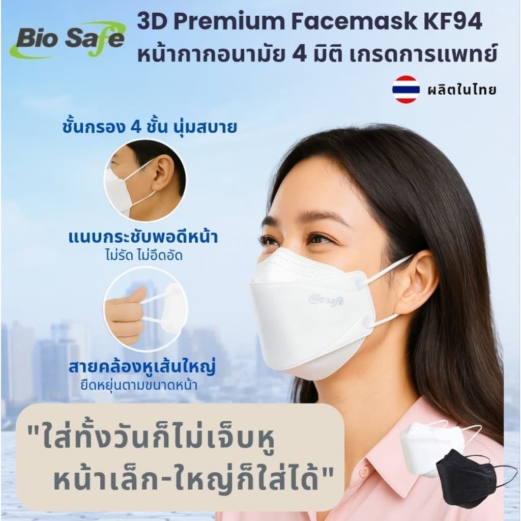 หน้ากากอนามัย 3 มิติ กันฝุ่น PM2.5 เชื้อโรค เกรดแพทย์ กล่อง 25 ชิ้น | 3 D Premium KF 94 BioSafe รูปที่ 4
