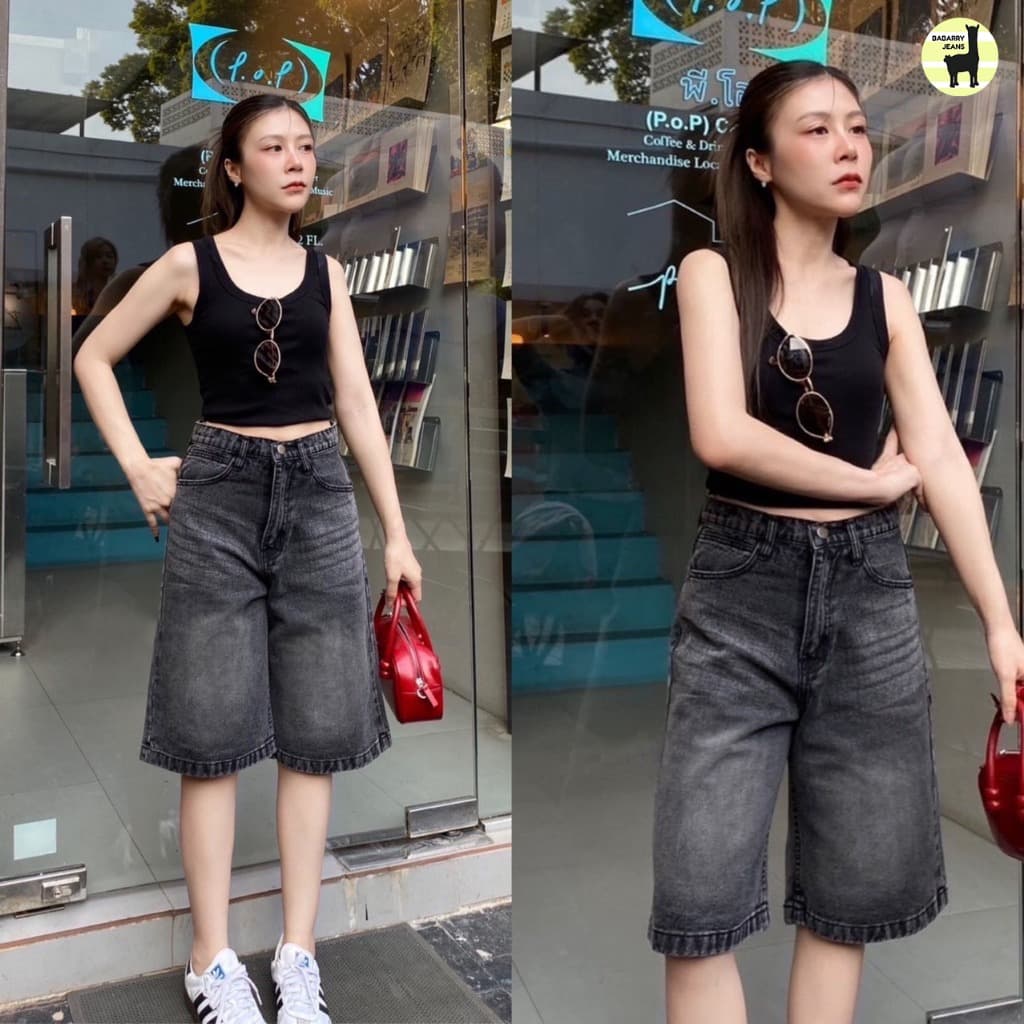 Babarry On Street - กางเกงขาสั้น ยีนส์ 5 ส่วน เอวสูง ผ้าไม่ยืด ยาว 22.5-23 นิ้ว รูปที่ 6