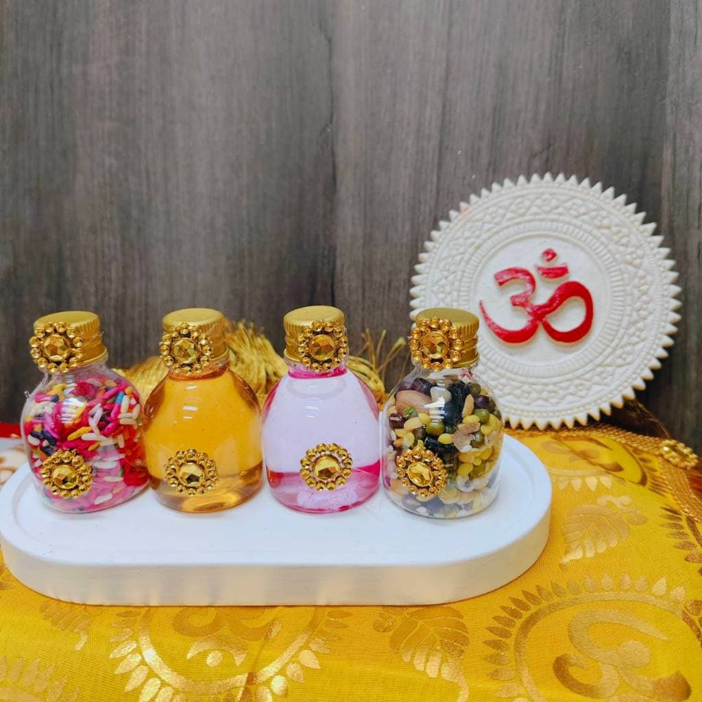 MT-PRY44 ชุดไหว้4ขวดจิ๋ว ถวายพระพิฆเนศ พระแม่ลักษมี เนยกีย์ น้ำผึ้ง ข้าว 9 สี ถั่ว 9 สี น้ำกุหลาบ รูปที่ 7