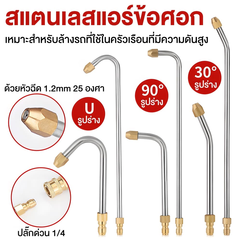 หัวฉีดล้างแอร์ 1/4 หัวปืนฉีดน้ำแรงดันสูง ข้อต่อขยายสแตนเลส 15cm/35cm สำหรับปั๊มแรงดันสูง 5000PSI รูปที่ 2