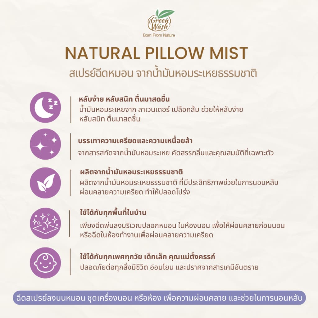 GreenWash Mini Natural Pillow Mist สเปรย์ฉีดหมอนขนาดทดลอง หลับสบาย หลับสนิท จากน้ำมันหอมระเหย 20 ml. รูปที่ 6