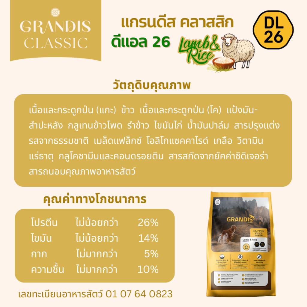 แกรนดีส DL26 อาหารสุนัข สูตรกลูเตนฟรี แกะและข้าว GRANDIS DL26 Lamb & Rice Dog Food รูปที่ 6