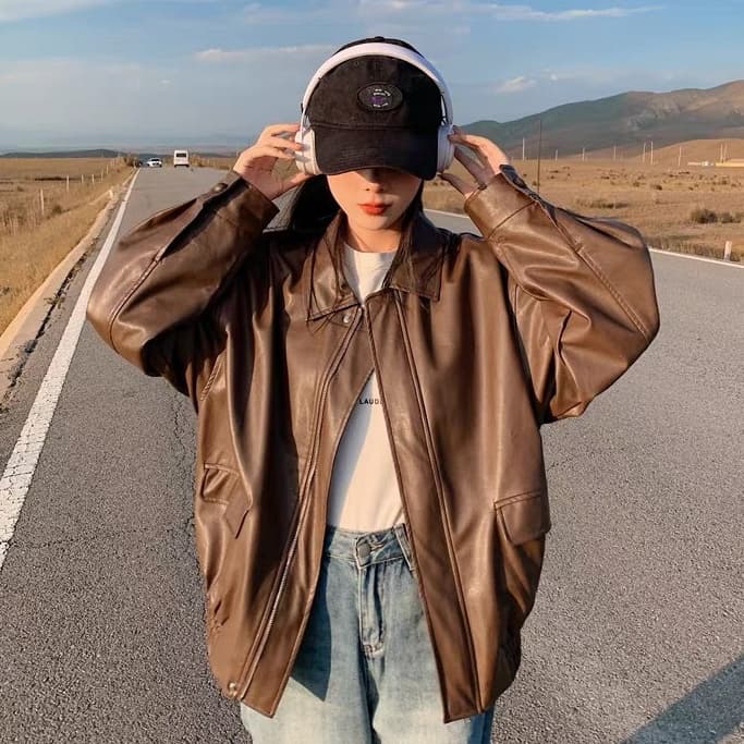 เสื้อแจ็คเก็ตแขนยาว หนังเทียม ทรงหลวม แบบมีซิป สีพื้น แต่งขอบยางยืด ใส่ได้ทุกเพศ ได้ลุคเท่ รูปที่ 6