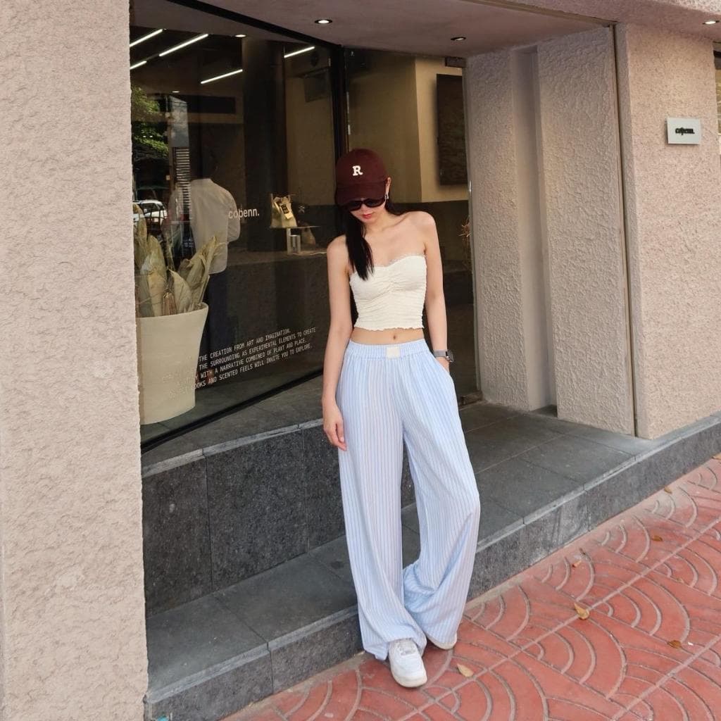 กางเกงผ้า Nammon Jeans B90-B93 กางเกงผ้ากระบอกใหญ่ลายทาง ใส่สบาย รูปที่ 1