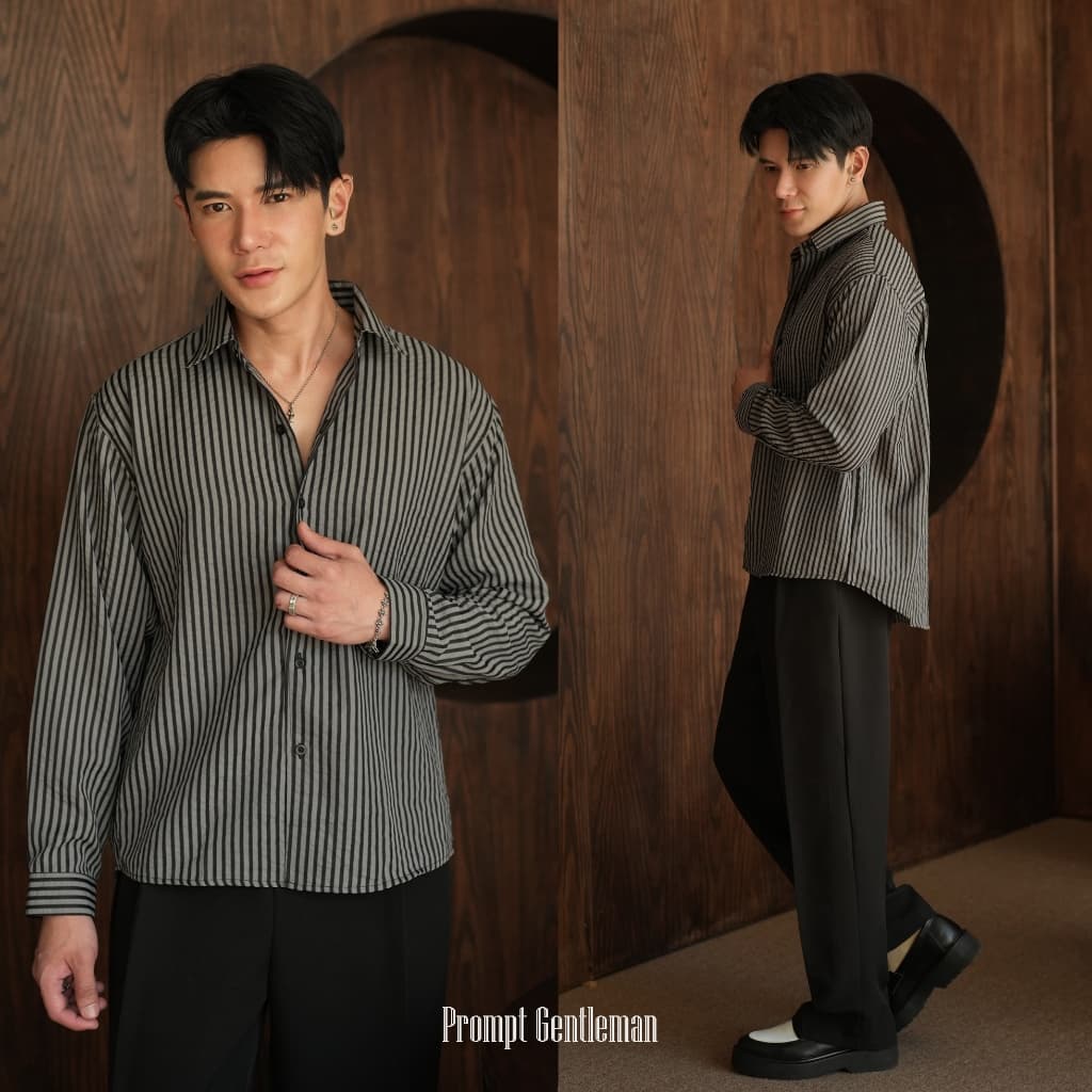 เสื้อเชิ้ตครอปชายโค้ง ลายริ้ว หน้าสั้นหลังยาว Unisex Prompt Semi Crop Stripe Shirt มีไซส์ 40/44/48" รูปที่ 7