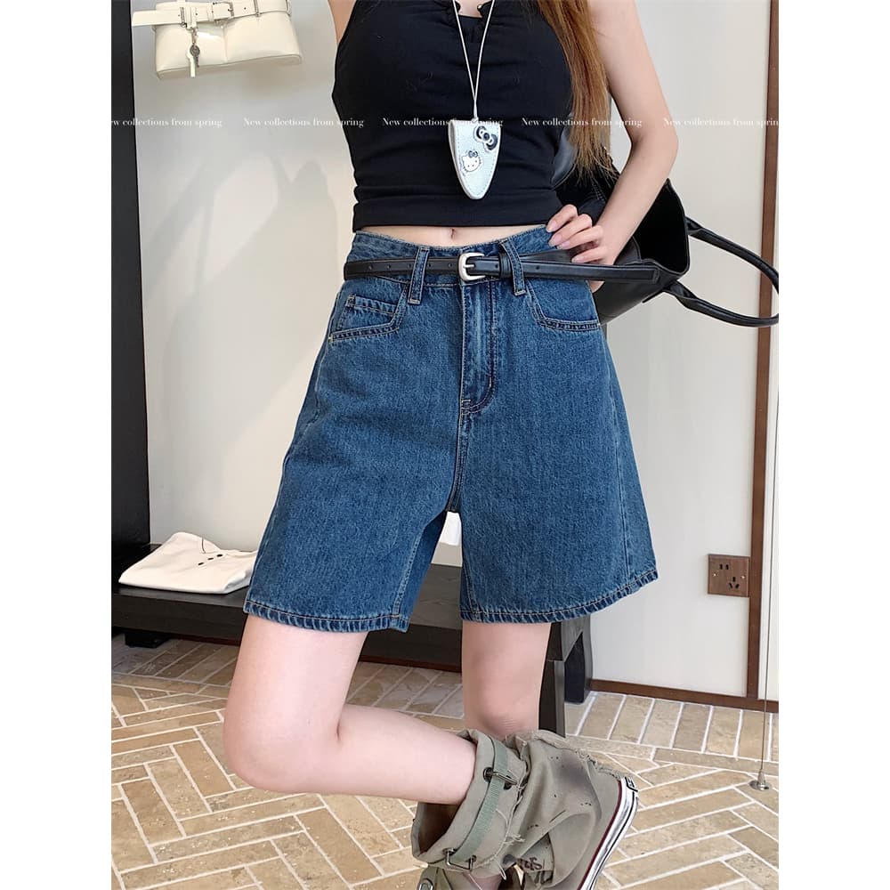 YODO กางเกงยีนส์สั้นทรงA-line สีน้ำเงินวินเทจตัวเล็กเอวสูงดูผอมหลวม กางเกงยาวปานกลาง5ส่วน#6607 รูปที่ 6