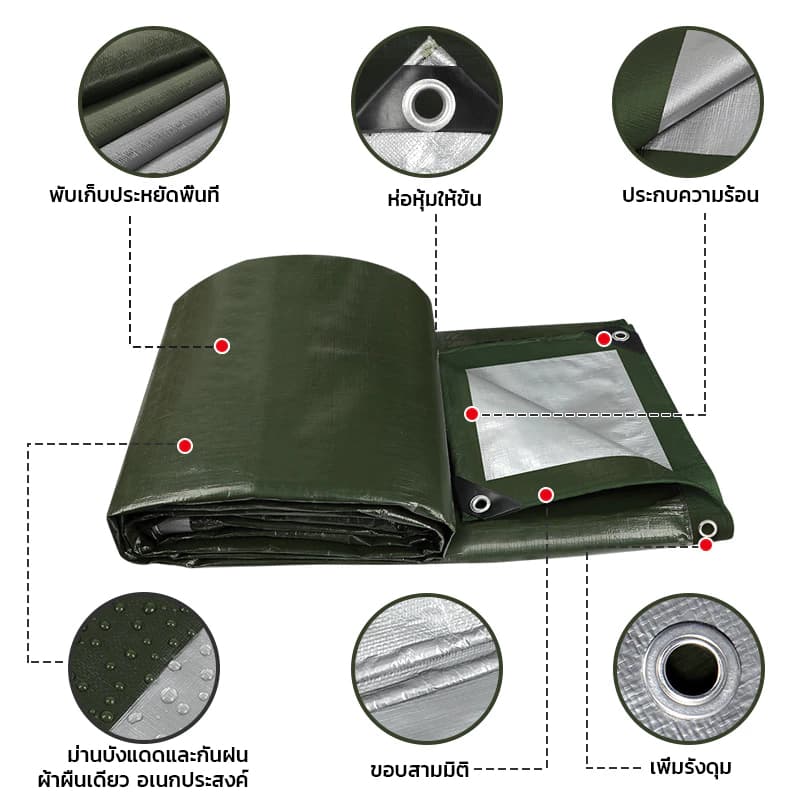 ผ้าใบกันแดดกันฝน 2x2เมตร 4x5เมตร 8x10เมตร มีตาไก่ ผ้าใบพลาสติกเอนกประสงค์ กันน้ำสองด้าน กันแดด รูปที่ 2