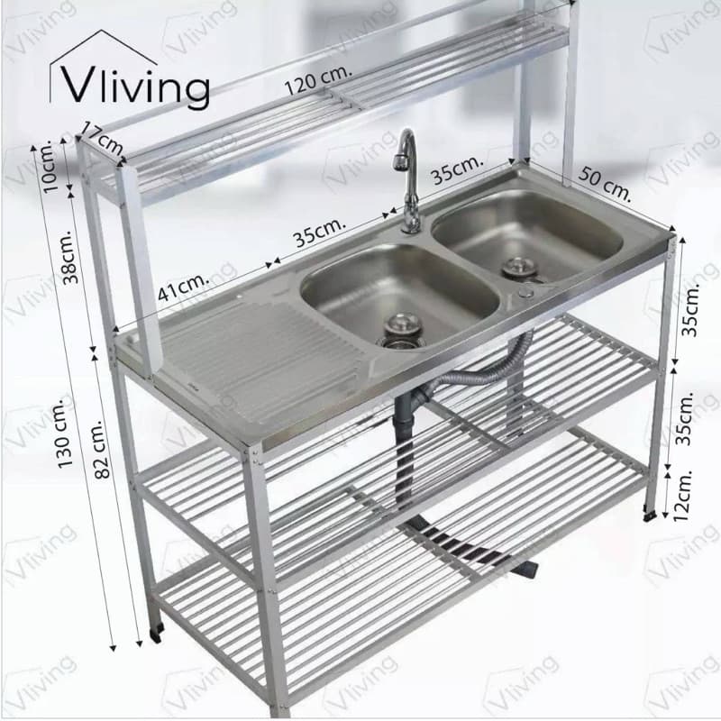 Vliving ซิ้งค์ล้างจาน อ่างล้างจาน สแตนเลส 2หลุม 3ชั้น มีบน รูปที่ 3