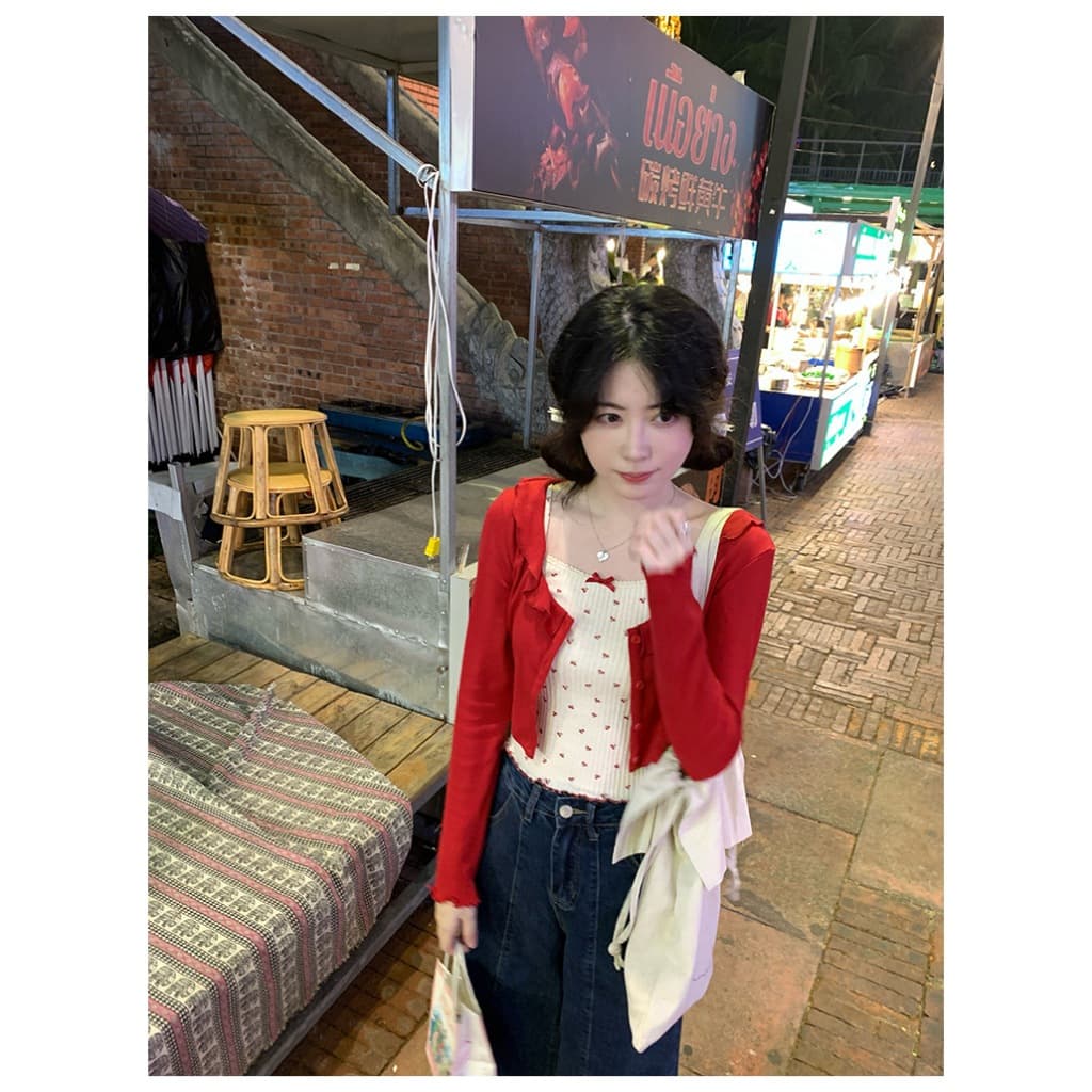 Cicishop Set 2 ชิ้น สายเดี่ยว+เสื้อคลุมลายน้องเชอร์รี่ สดใส ซุกซน ขี้เล่น สไตล์เกาหลี รูปที่ 2