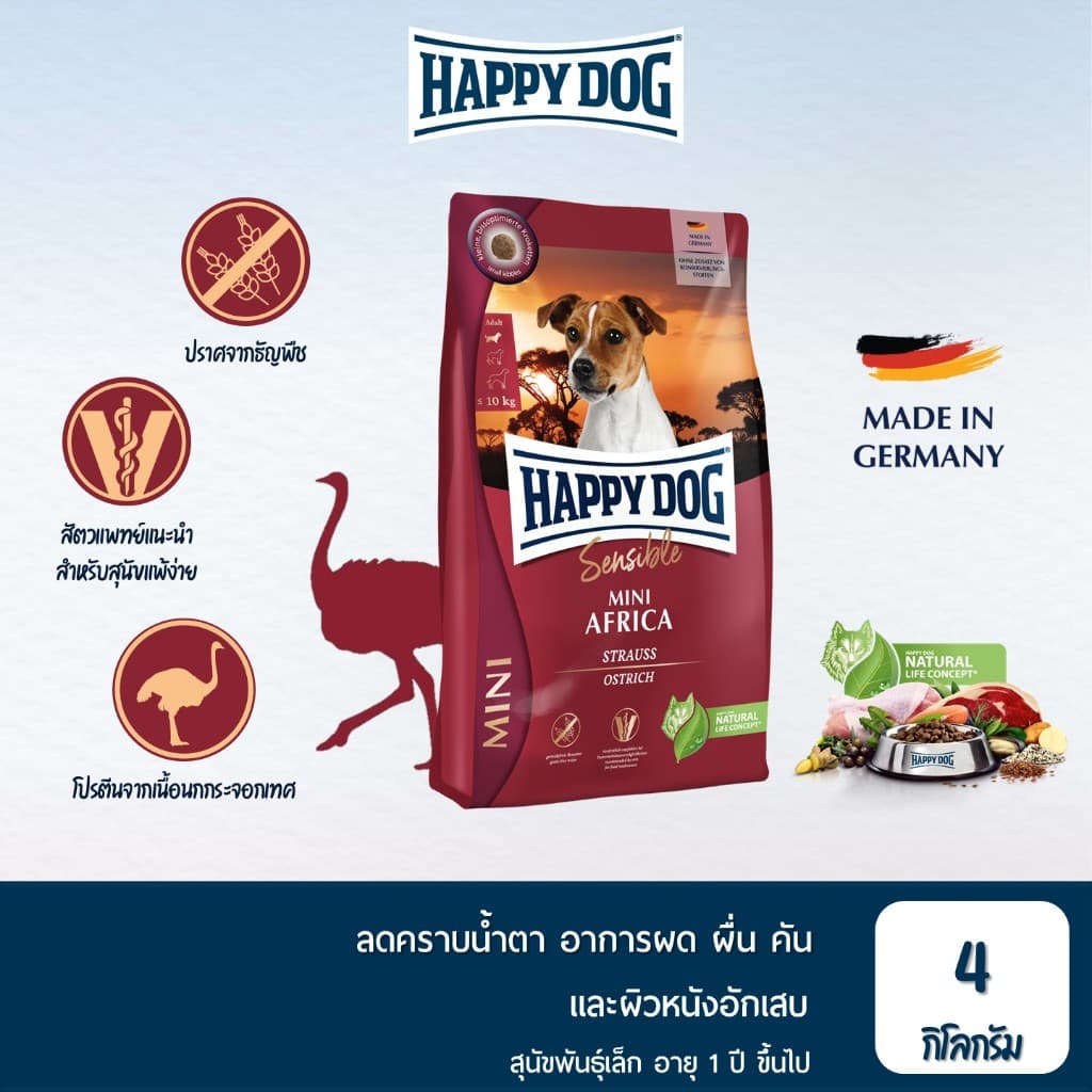 HAPPY DOG Mini Africa อาหารสุนัขโตพันธุ์เล็ก สูตรปราศจากธัญพืช เนื้อนกกระจอกเทศ 4 Kg รูปที่ 1