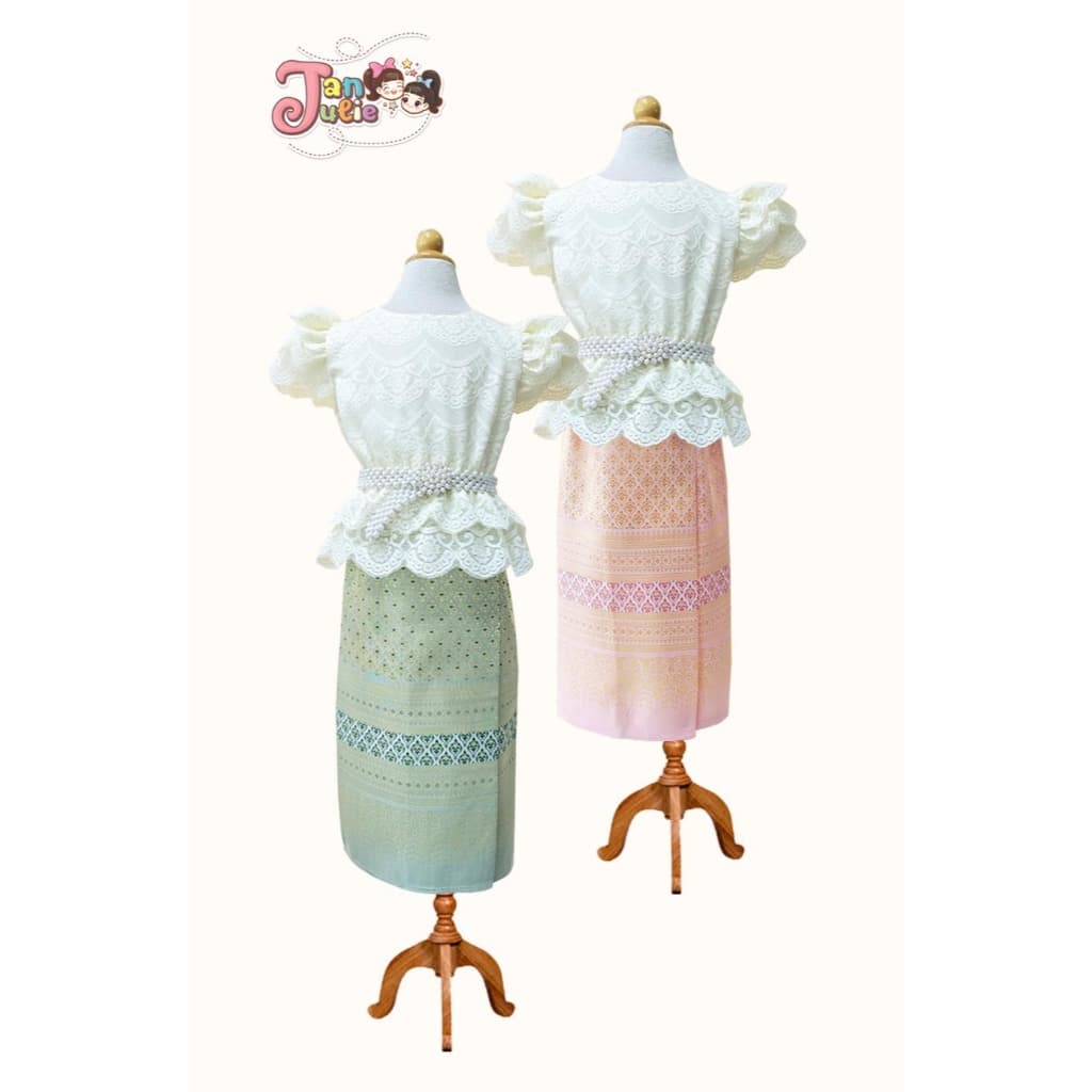 BS011 รุ่นหยกสยาม ชุดไทยเด็กผู้หญิง ประยุกต์ ออกงาน เสื้อลูกไม้มุก ลอยกระทง เด็กโต สีเขียวชมพู รูปที่ 6