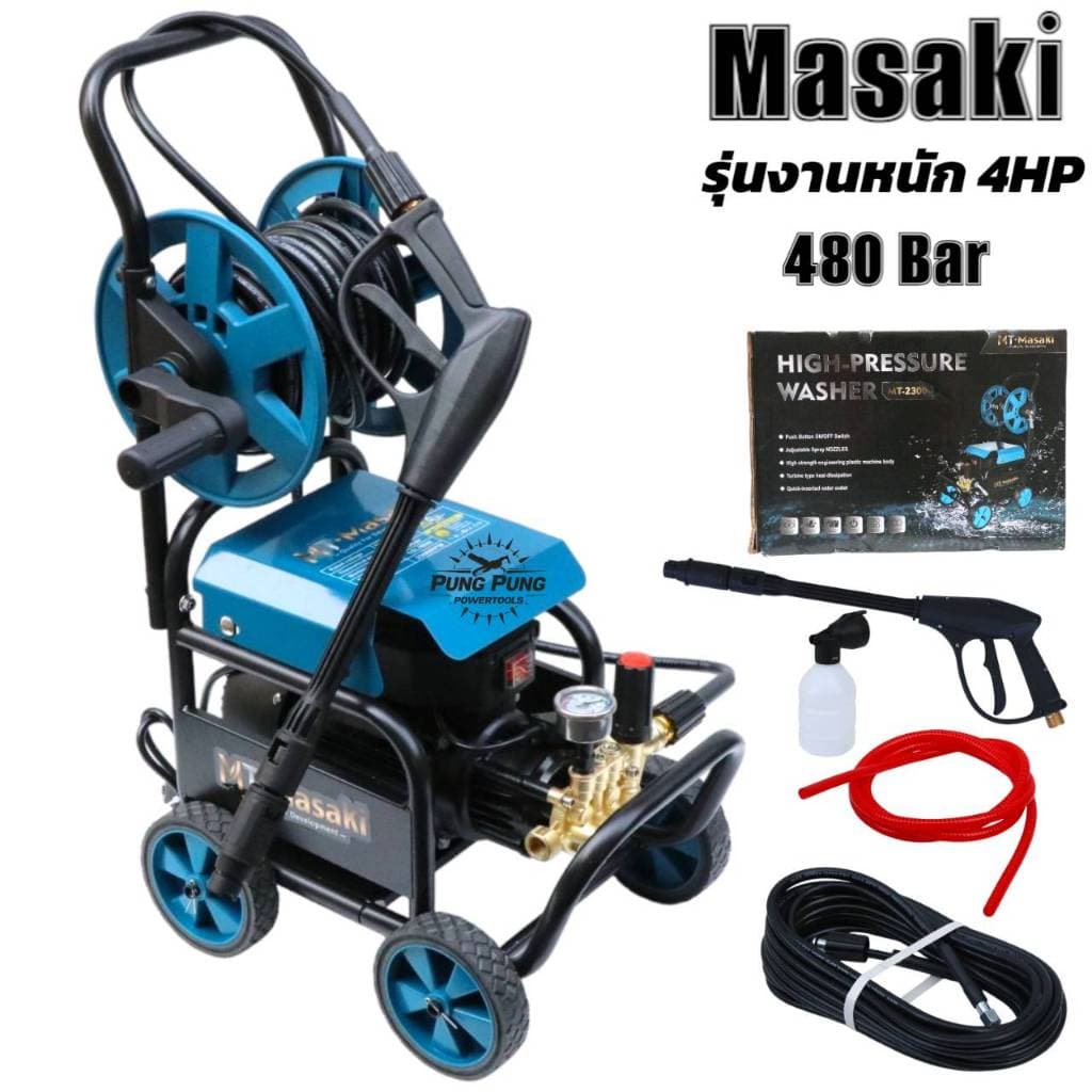 MASAKI เครื่องฉีดน้ำแรงดันสูงล้อลาก รุ่น MT2300 เครื่องฉีดน้ำ 480 บาร์ 4 แรงม้า 4000 วัตต์ รุ่นใหม่! มีโรลม้วนสายในตัว ป รูปที่ 1