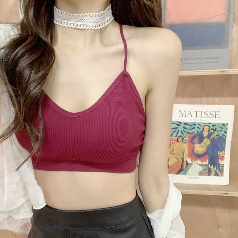 สปอร์ตบรา สายเดี่ยวผ้าร่องเสื้อครอป แบบสวม มี7สี มีฟองน้ำ บราสายเดี่ยว บราผ้านิ่ม บราไร้ขอบ#05 รูปที่ 7