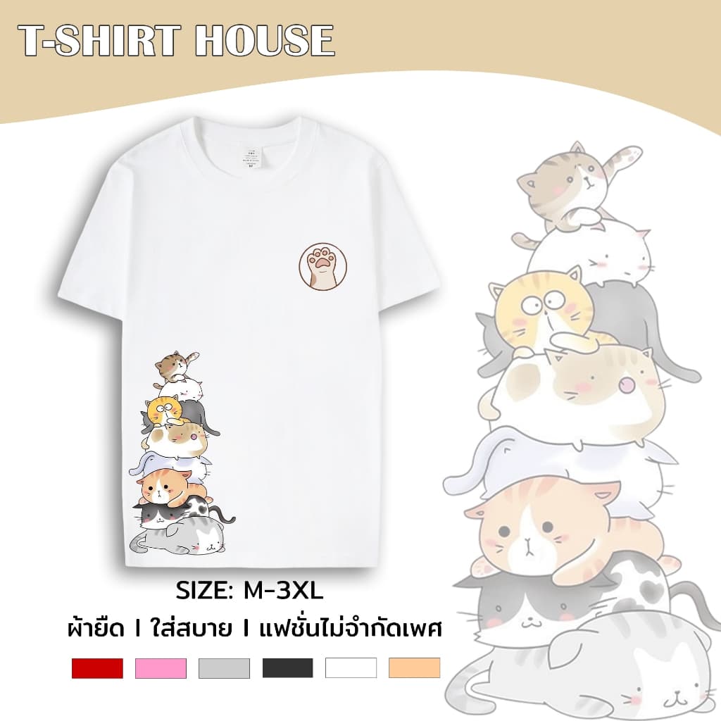 เสื้อยืด คอกลม แขนสั้น M-3XL สกรีนลายแมว ลายการ์ตูน หน้า-หน้า ผ้าคอตตอนผสม ใส่ได้ทั้งชายและหญิง 038-tt-174# รูปที่ 4